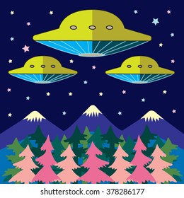 Spaceships fly over the mountains and trees at night vector illustration