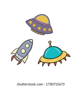 Spaceships. Flying Saucers. Rocket. Set of vector illustrations in cartoon style.