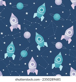 Spaceships in galaxy seamless nursery pattern with planets and stars