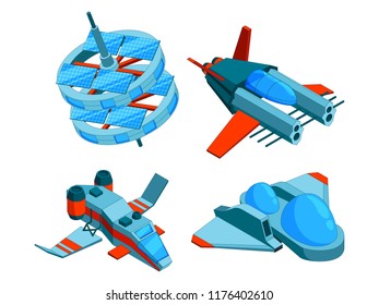 Spaceships isometric. Building technology of various types of ships cargo warship bomber and aerial 3d vector low poly spaceships isolated. Illustration of spaceship and rocketship transport isometric