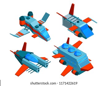 Spaceships isometric. Space technologies cargo and warships aerial bomber 3d vector low poly spaceships isolated. Illustration of spaceship rocket, graphic spacecraft