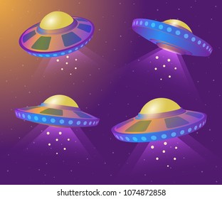 Spaceships with light beam isolated. Set of Flying Saucers. UFO in various point of view. Vector illustration for a poster, an advertisement and a banner on the website.