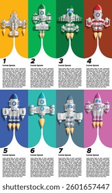 Spaceships on vertical stripes. Presentation template design. Vector illustration.