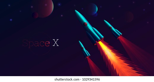 spaceships in open space reaching the other planets of solar system, space x launch, dark background