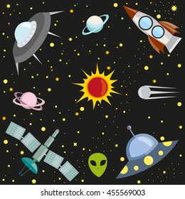 spaceships and planets around the sun on a black background with stars