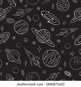 Las naves espaciales y los planetas hacen garabatos sin fisuras. Antecedentes dibujados a mano. Ilustración vectorial para diseño de superficie, impresión, afiche, icono, web, diseños gráficos.