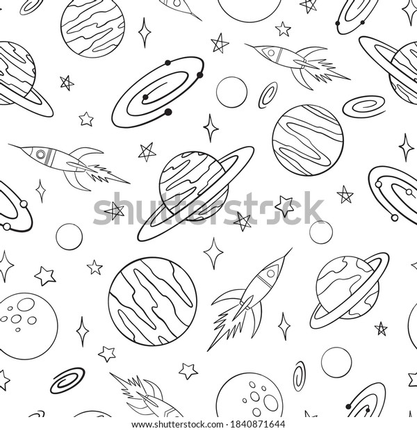 Spaceships and planets doodle seamless pattern.\
Hand drawn background. Vector illustration for surface design,\
print, poster, icon, web, graphic\
designs.