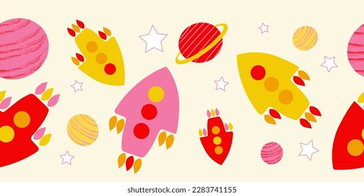 Spaceships with planets and stars in warm colors on a pale yellow background. Seamless border with space elements. Cartoon vector illustration.
