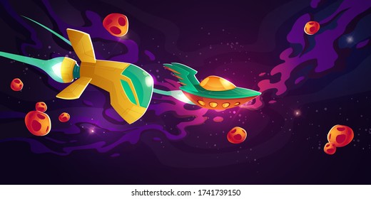 Spaceships Race In Outer Space. Galactic Competition Of Speed Drive On Rockets. Vector Cartoon Illustration Of Cosmos Landscape With Alien Rocketships, Asteroids And Stars