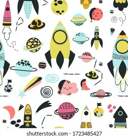 Spaceships, rockets, planets, stars hand drawn seamless vector fill. Cute childish drawing. Baby wrapping paper, textile, vector illustration 