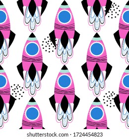 Spaceships, rockets, planets, stars hand drawn seamless vector fill. Cute childish drawing. Baby wrapping paper, textile, vector illustration 