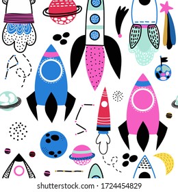 Spaceships, rockets, planets, stars hand drawn seamless vector fill. Cute childish drawing. Baby wrapping paper, textile, vector illustration 