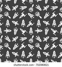 Spaceships and rockets seamless pattern. Shuttle travel in galaxy, vector illustration