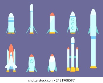 Spaceships and rockets set isolated. Space rocket program. Spaceships for space exploration and flight to Mars. Icon design for print, banners and advertising. Vector illustration