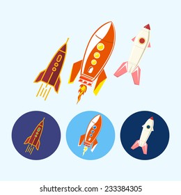 Spaceships , rockets. Set of three round colorful icons , different types rockets,   vector illustration
