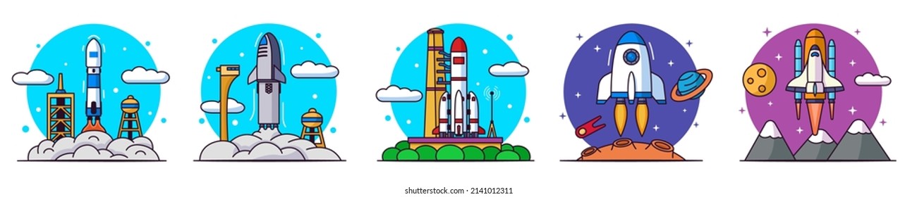 Spaceships, rockets and shuttles line cartoon collecton. Set of vector illustrations