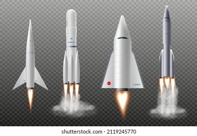 Spaceships and rockets, space shuttle templates set, realistic vector illustration isolated on transparent background. Transport for space and universe exploration.