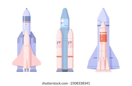 Spaceships and rockets, space shuttle templates collection. Vector vehicles for travel beyond Earth atmosphere. Spacecraft for astronauts and cargo. Transport for space and universe exploration