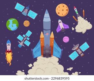 Spaceships, satellites, planets vector illustrations set. Collection of drawings of rocket ships, space shuttle with smoke, celestial bodies on night sky background. Space, astronomy concept