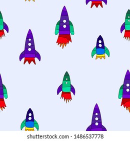 Spaceships. Seamless pattern. Multicolored rockets similar to a childrens drawing. Blue background.