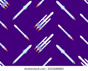 Spaceships seamless pattern. Orbital launch vehicle. Space rockets in flat style. Spaceships for space exploration and interplanetary flights. Design for banners and posters. Vector illustration