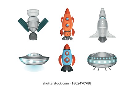 Conjuntos de naves espaciales, cohete, estación espacial, escoba de ovnis, naves espaciales de diseño plano e iluminación vectorial