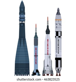 Spaceships. Set of space launch vehicles. The illustration on a white background.