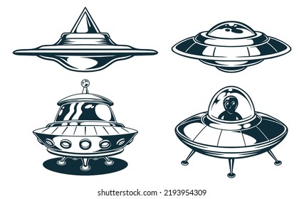 Spaceships set vintage monochrome logotypes flying saucers mystical technologies space dwellers transport aliens traveling through milky way vector illustration