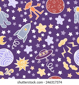 Spaceships, stars, clouds and planets on space background. Space seamless texture. Hand drawn ornaments. Doodles. 