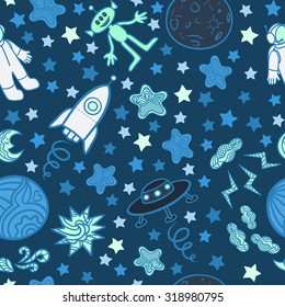 Spaceships, stars, clouds and planets on space background. Space seamless texture. Hand drawn ornaments. Doodles. 