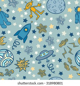 Spaceships, stars, clouds and planets on space background. Space seamless texture. Hand drawn ornaments. Doodles. 