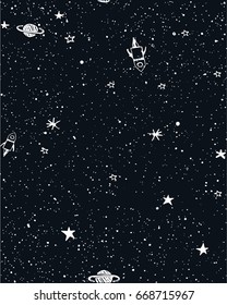 spaceships and stars in space pattern seamless