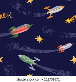 Spaceships and stars vector seamless pattern.