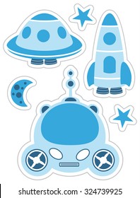 Spaceships stickers, vector illustration