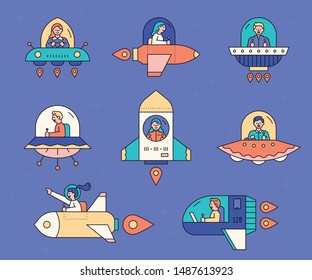 Spaceships of various shapes. Cute pilots flying the spaceship. flat design style minimal vector illustration.