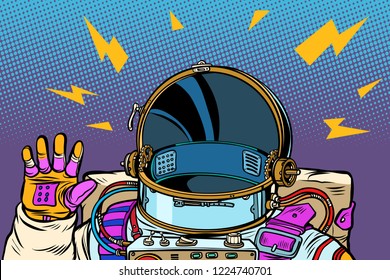 spacesuit astronaut, Hello gesture. Pop art retro vector illustration vintage kitsch