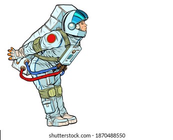 The spacesuited astronaut prepared for a kiss. Pop art retro illustration kitsch vintage 50s 60s style