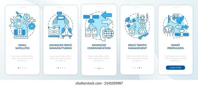 Spacetech trends blue onboarding mobile app screen. Innovations walkthrough 5 steps graphic instructions pages with linear concepts. UI, UX, GUI template. Myriad Pro-Bold, Regular fonts used