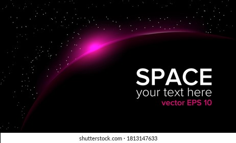 Space-themed background concept. The planet from behind which a bright purple star emerges. Space for text that can be replaced. Stars, solar system, galaxy. EPS 10.