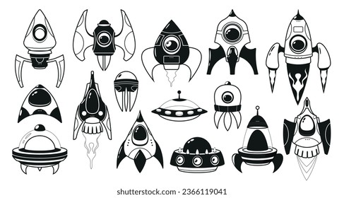 Space-themed Black And White Game Icons Set, Feature Futuristic Spaceships, Each With Unique Designs And Capabilities