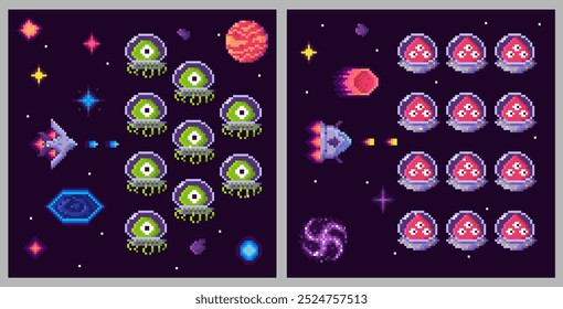 Space-themed pixel art with a spaceship fighting different alien enemies against cosmic backdrops. Ideal for arcade games retro gaming space adventures sci-fi themes graphic design projects