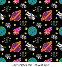 Space-themed vector pattern with colorful elements