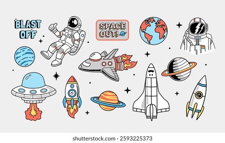 Space-themed vector set with astronauts, rockets, planets, UFOs, space shuttles, and cosmic elements in a cartoon style.