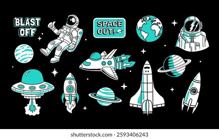 Space-themed vector set with astronauts, rockets, planets, UFOs, space shuttles, and cosmic elements in a cartoon style.