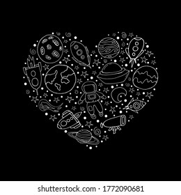 Space.Vector isolated illustration with spaceships, rockets, Mars, Earth, stars on a black background.   Isolated elements for scientific posters. Doodle style.Set with spaceships, planets, stars.