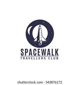 Spacewalk astronautic traveller club vector logo design with space rocket in retro style