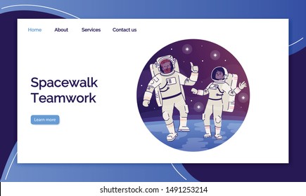 Spacewalk landing page vector template. Teamwork website interface idea with flat illustrations. Space homepage layout. Cosmonauts web banner, webpage cartoon concept