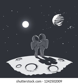 Spacewoman And Spaceman Is Hugging On The Planet .Cosmic Love. Space Romantic Illustration