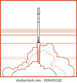 SpaceX Falcon 9 shipped by Elon Musk. Space retro art. Rocket Falcon 9 launching vector retro style illustration. Vector cartoon for web, postcard, poster, clothing print. Space ship with steam.