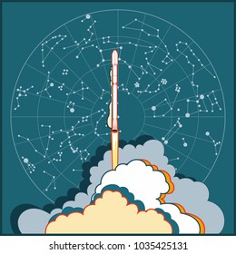 SpaceX Falcon 9 shipped by Elon Musk. Rocket Falcon 9 launching and star map night sky vector retro style illustration. Vector cartoon for web, postcard, poster, clothing print. Space ship with steam.